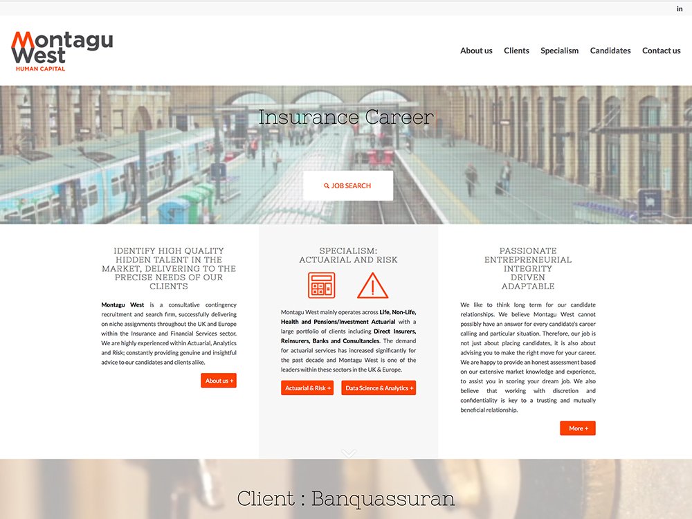 Capture d'écran du site Internet de Montagu West, au design élégant, présentant des opportunités de carrière et des services. La plateforme WordPress épurée met en valeur son expertise en tant qu'agence innovante dans le domaine numérique. Limbus Studio