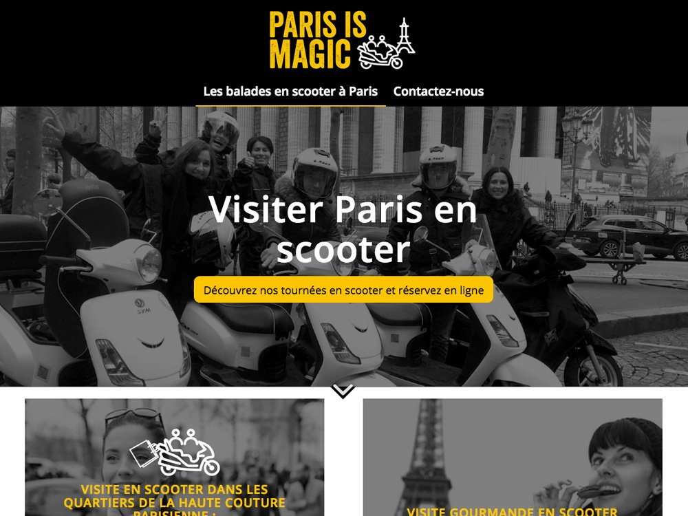 Groupe de personnes en scooter à Paris avec le texte "Visiter Paris en scooter" réalisé avec brio par notre agence spécialisée en graphisme. Limbus Studio