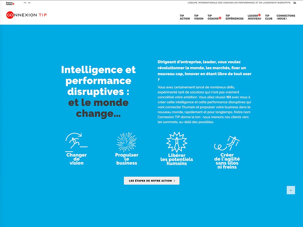 Capture d'écran du site Web avec du texte en français sur l'intelligence et la performance disruptive, conçu sur un fond bleu avec du texte blanc. Limbus Studio
