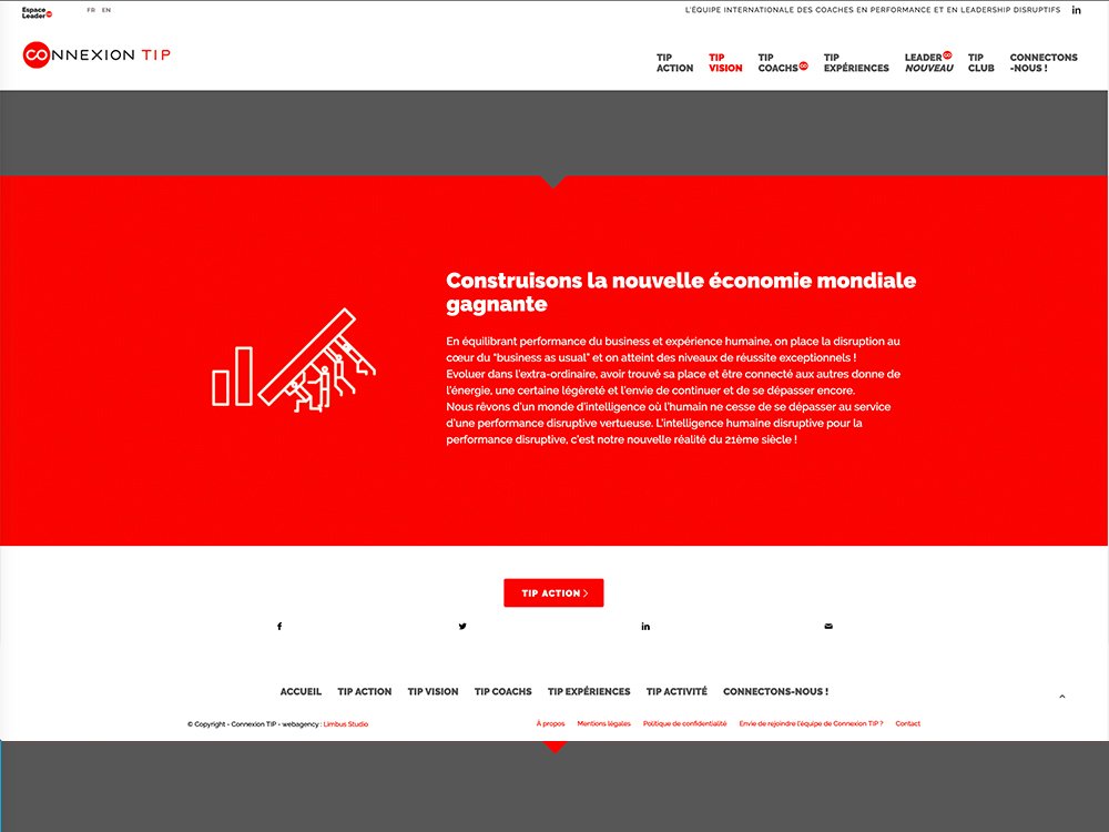 Une capture d’écran élégante d’un site Web aux accents rouges, réalisée dans WordPress, présente un texte français sur la construction d’une nouvelle économie mondiale prospère. Limbus Studio