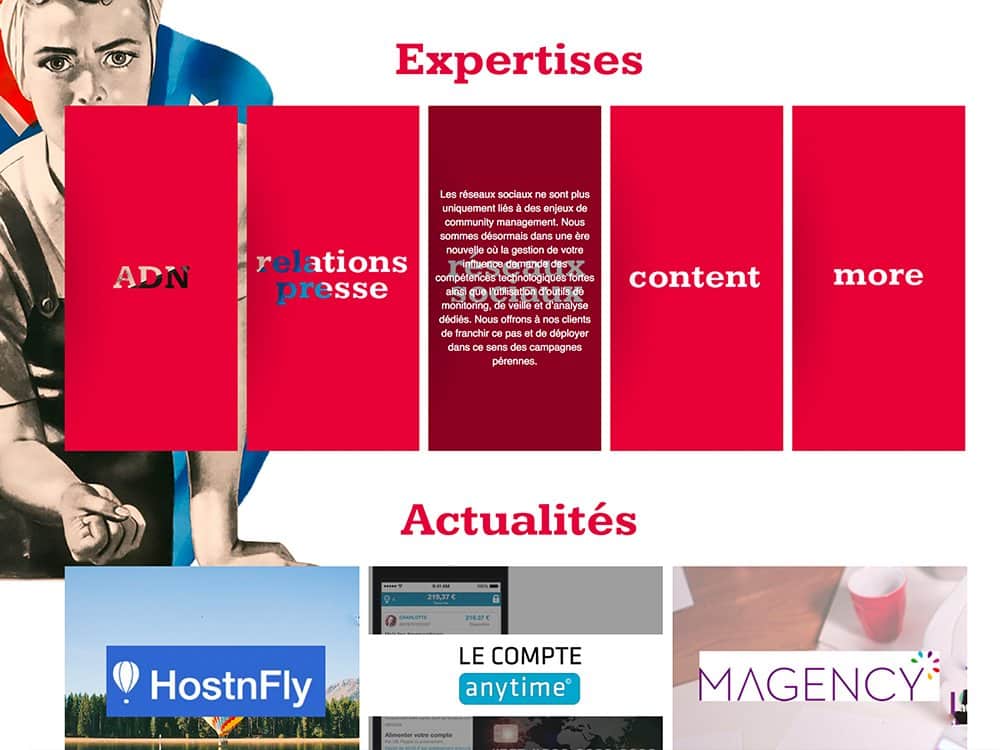 Une page Web WordPress au thème rouge et blanc dynamique met en valeur des sections sur l'expertise et l'actualité, avec un graphisme époustouflant via des graphiques et des blocs de texte. Limbus Studio
