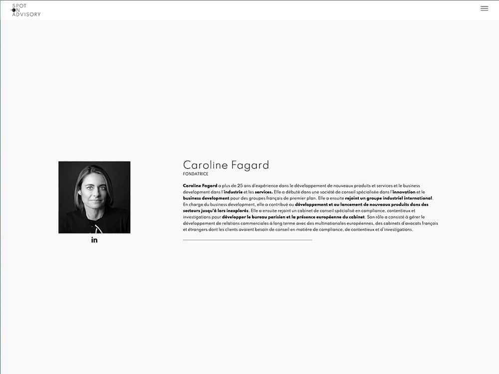 Profil de Caroline Fogard : une professionnelle chevronnée avec une expertise en conception et développement WordPress. Forte de ses années d'expérience, elle a perfectionné son art dans des studios de création du monde entier. Connectez-vous avec elle via l'icône LinkedIn fournie. Limbus Studio