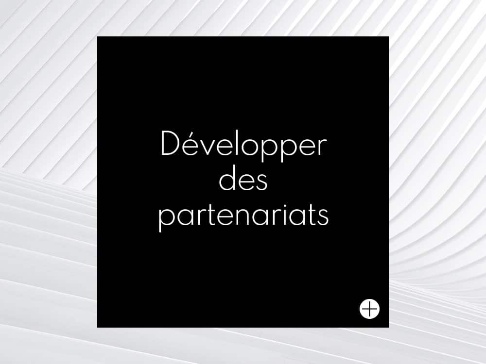 Une boîte noire avec le texte français « Développeur des partenariats » orne un fond blanc texturé, reflétant l'engagement d'un studio envers la création et la collaboration. Limbus Studio