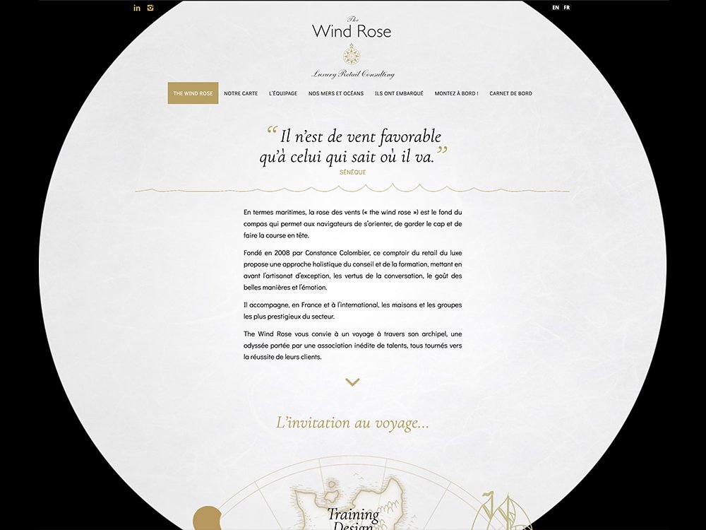La page d'accueil du site Web de la Rose des Vents, conçue avec un menu de navigation intuitif, présente du texte français sur les vents maritimes, présentant un mélange harmonieux de création et d'art dans chaque détail. Limbus Studio