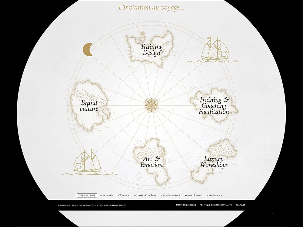 Carte circulaire illustrée avec des îles pour la culture de marque, la conception de formations WordPress, l'art et l'émotion, le coaching et les ateliers. Limbus Studio