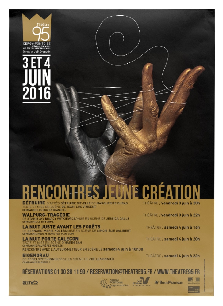 Une affiche saisissante mettant en valeur deux mains, une dorée et une noire, accompagne les détails de l'événement « Rencontres Jeune Création », alliant flair artistique et sensibilités de conception Web. Limbus Studio